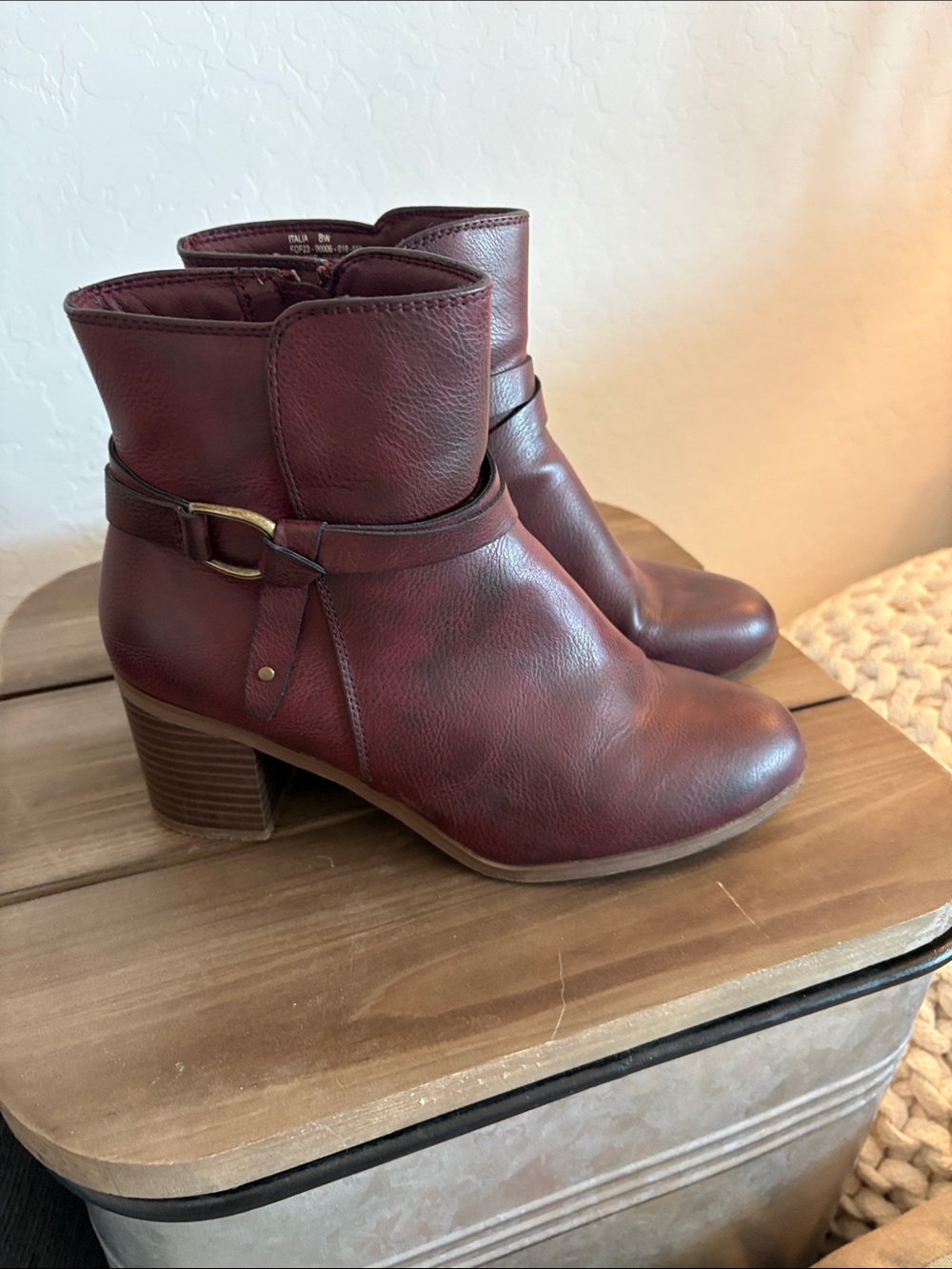 FRYE AND CO. Burgundy Leather Ankle Booties with Strap Detail